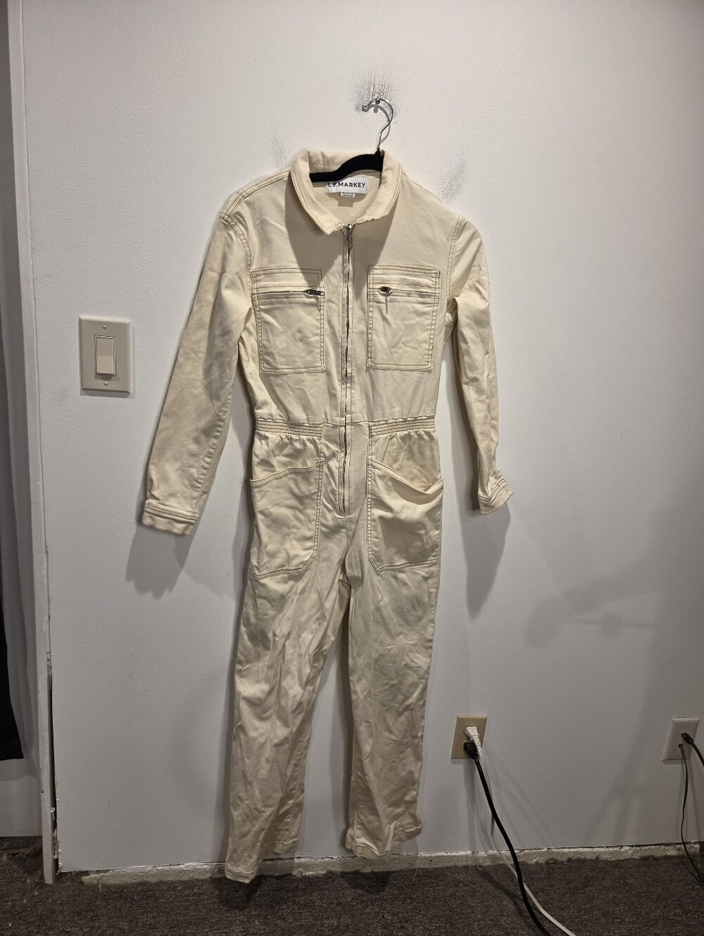 L.F Markey Size 4 Cream Colored Utility Cotton Danny Jumpsuit Flaw